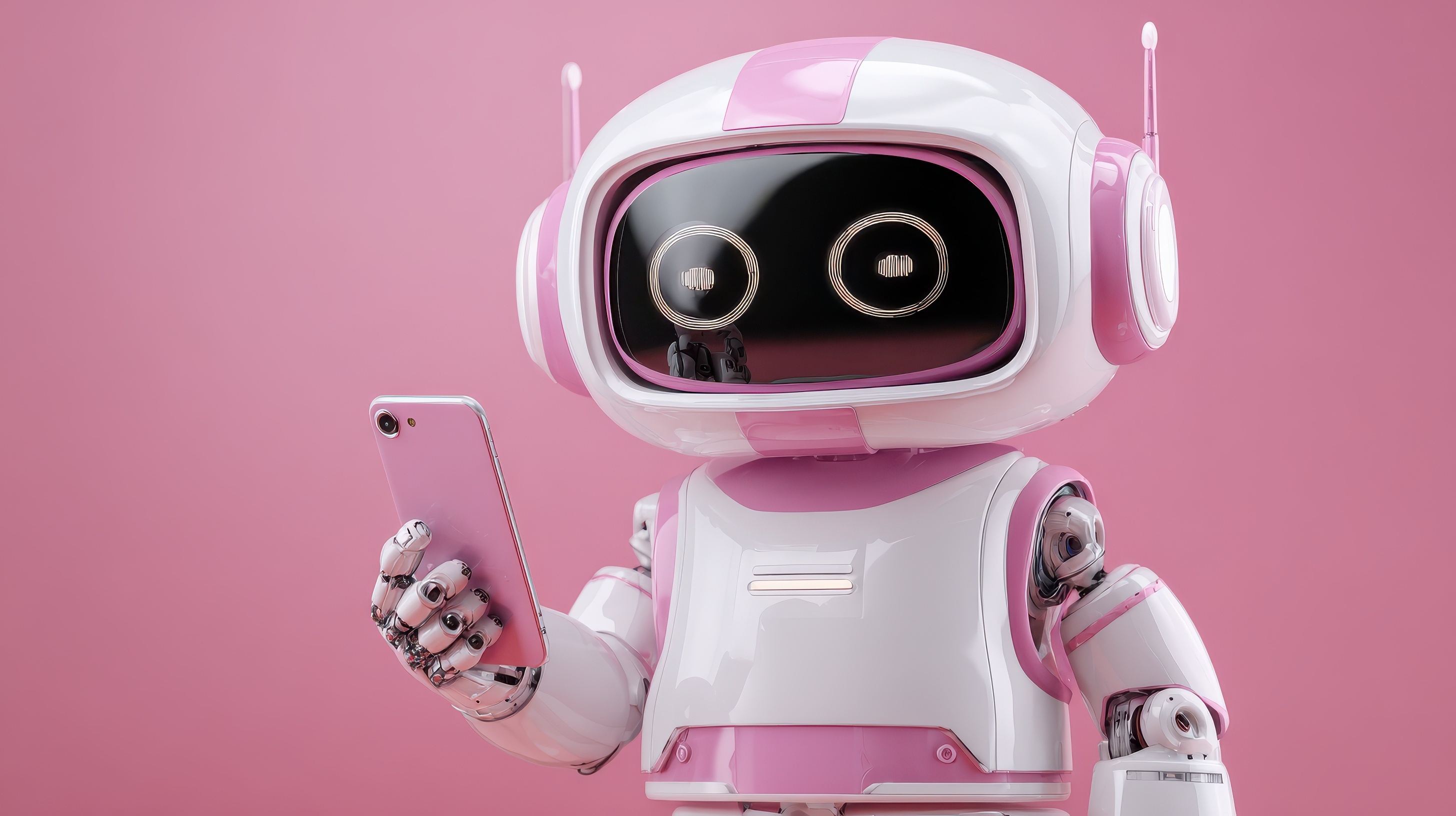 Cute white and pink robot holding a smartphone with a pink background.