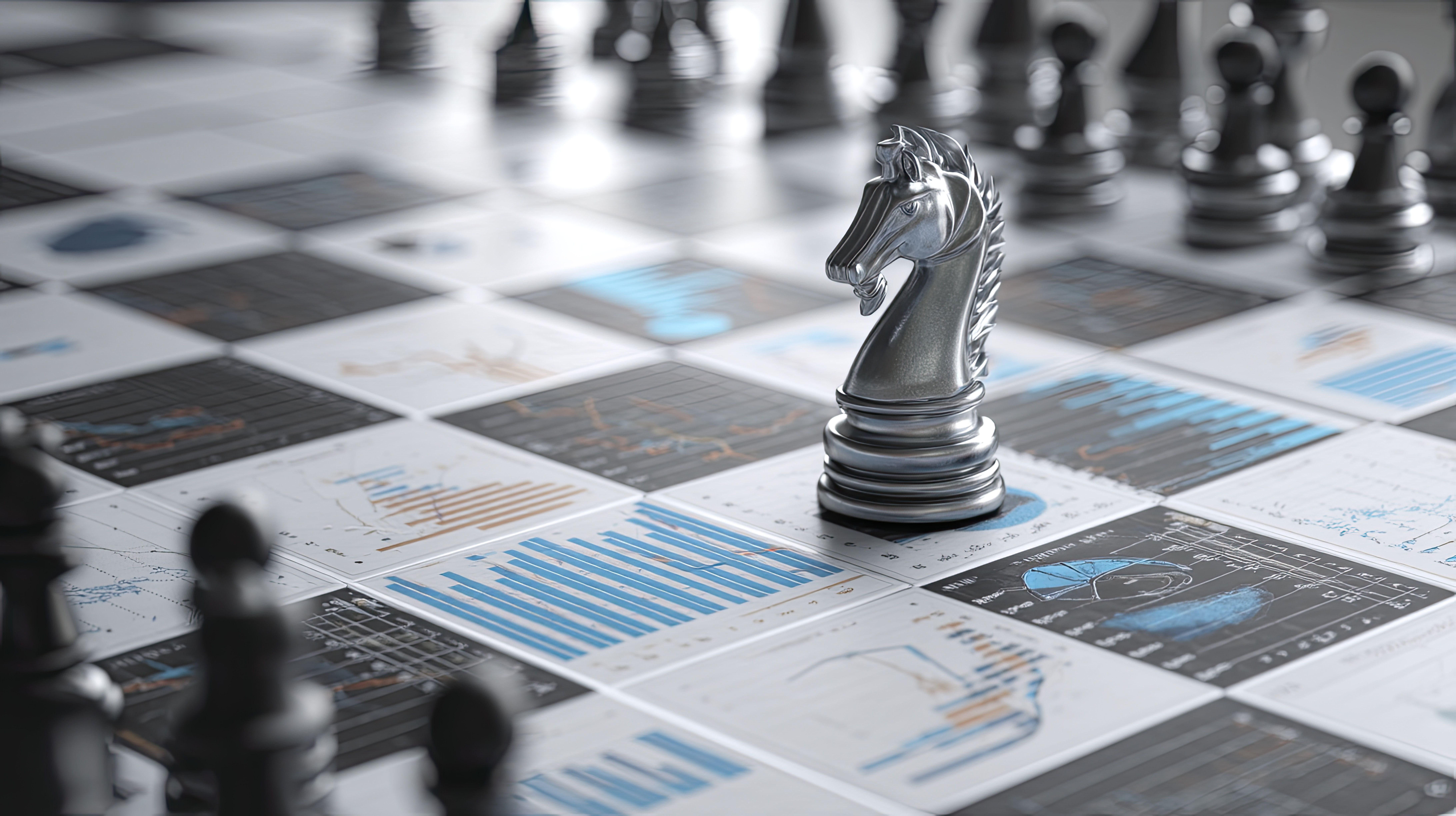 Metal chess knight piece on a board made of financial charts and graphs.