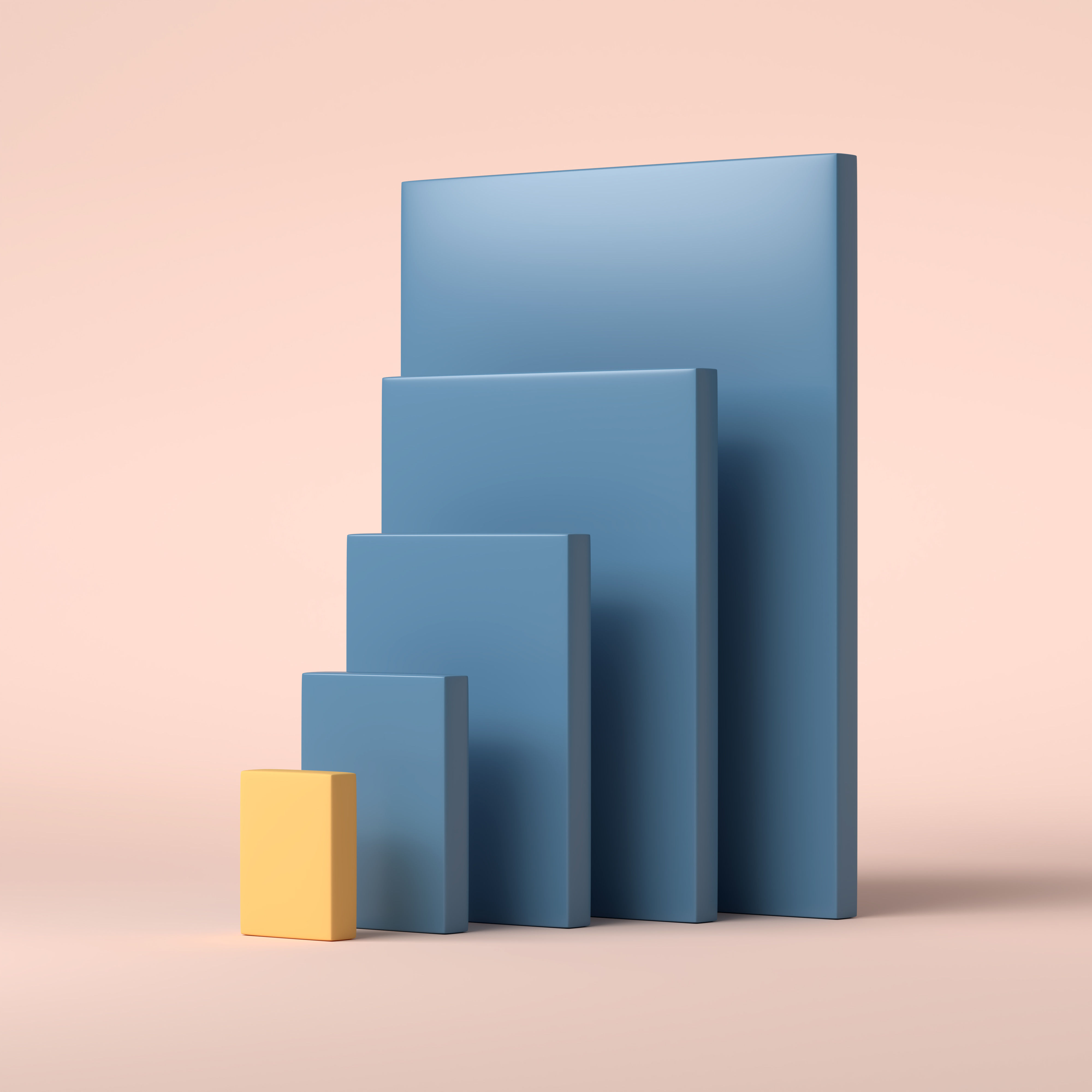 Five rectangular blocks in ascending size, four blue and one small yellow block in front on peach background.