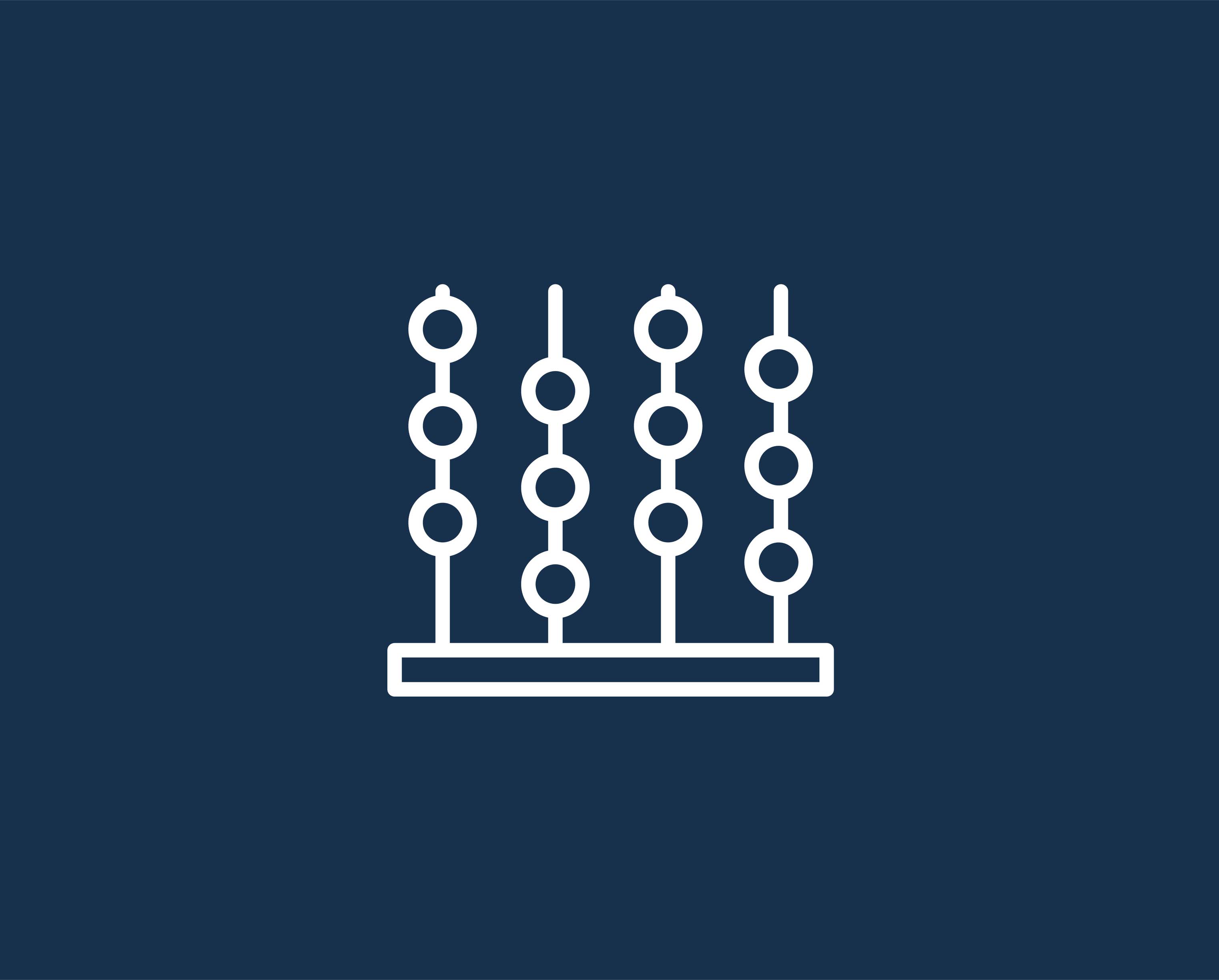 White outline of an abacus with four vertical rods and circular beads on a dark blue background.