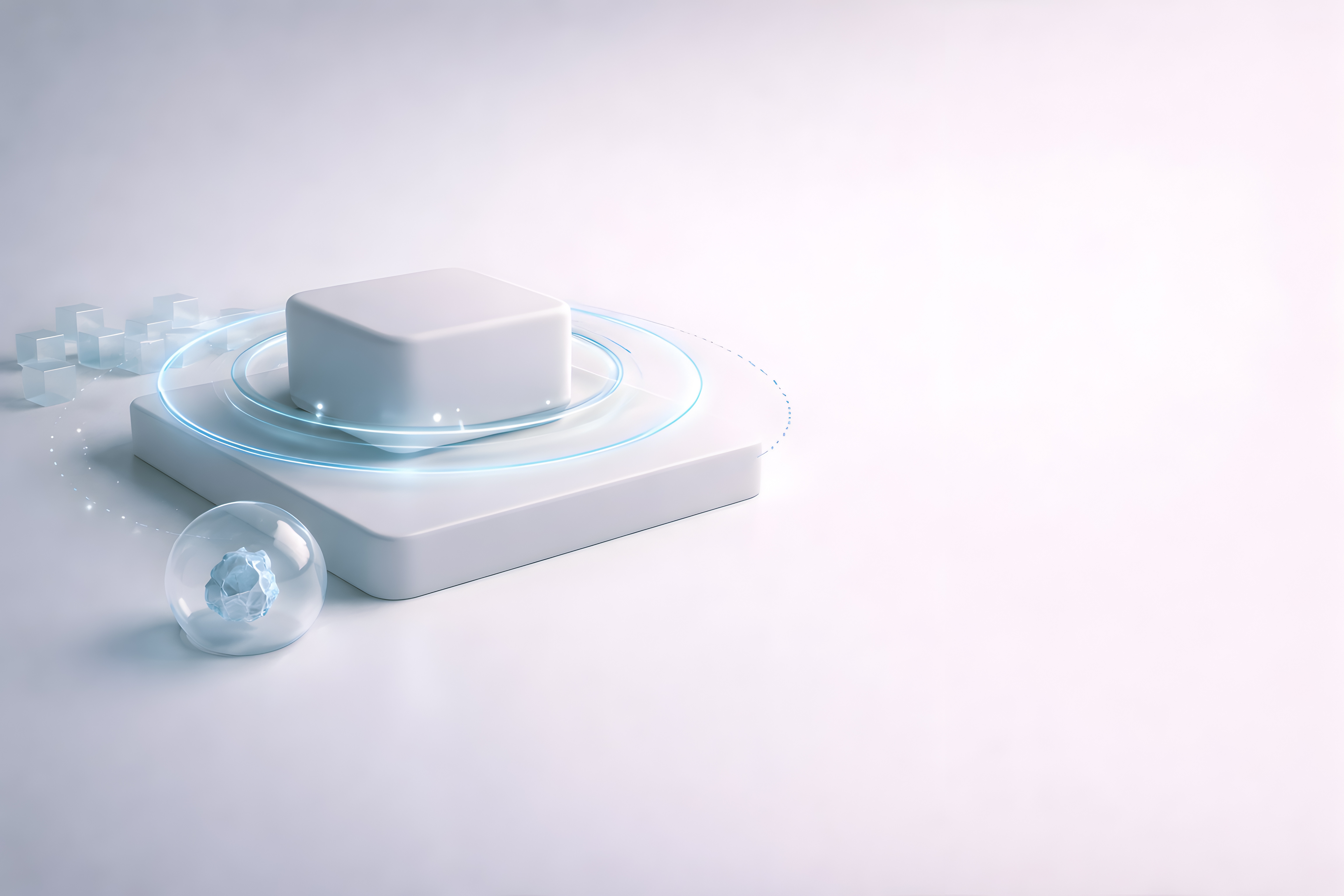 Minimalist white geometric shapes with glowing blue rings on a white surface.