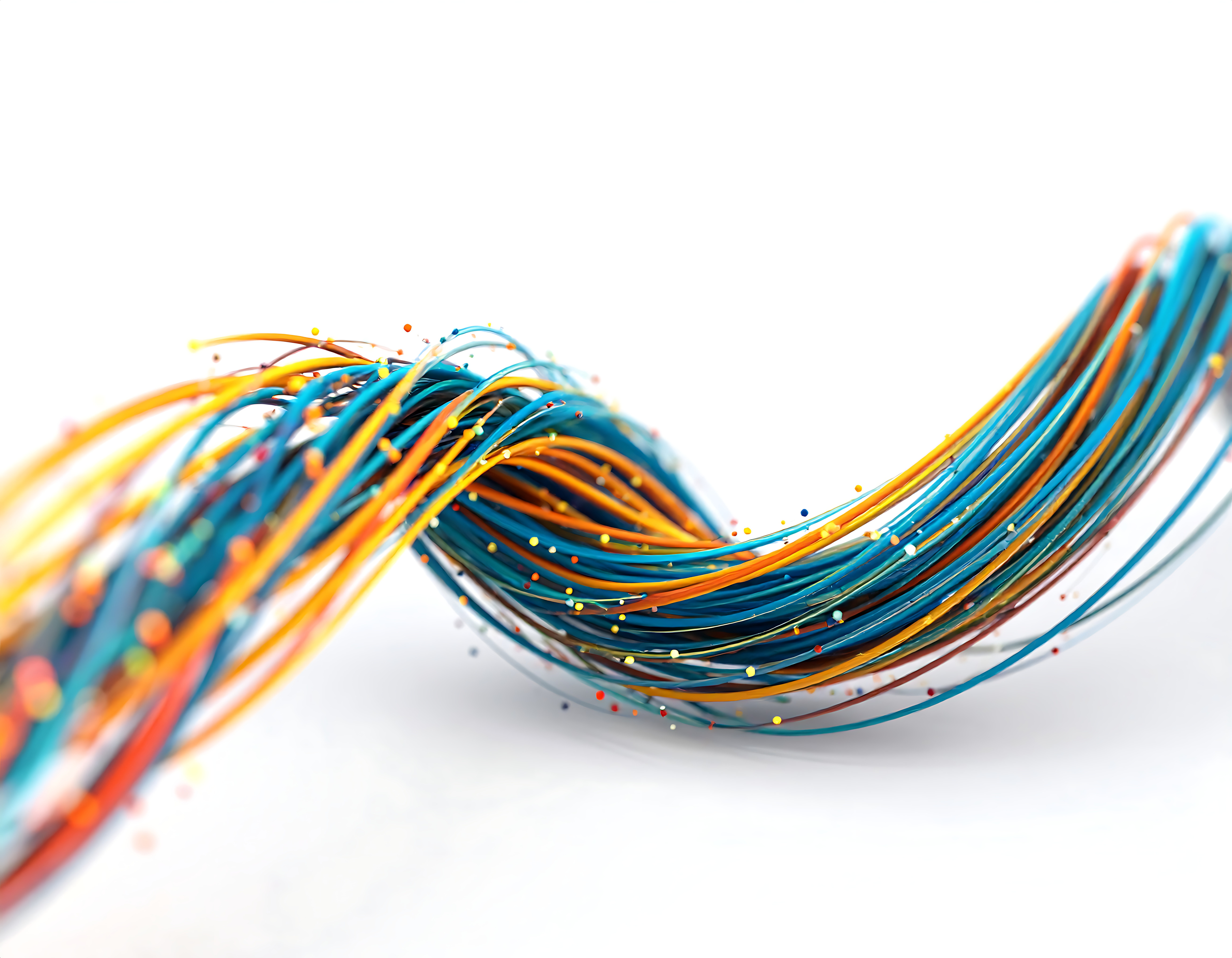 Close-up of intertwined blue and orange fiber optic cables with glowing points on a white background.