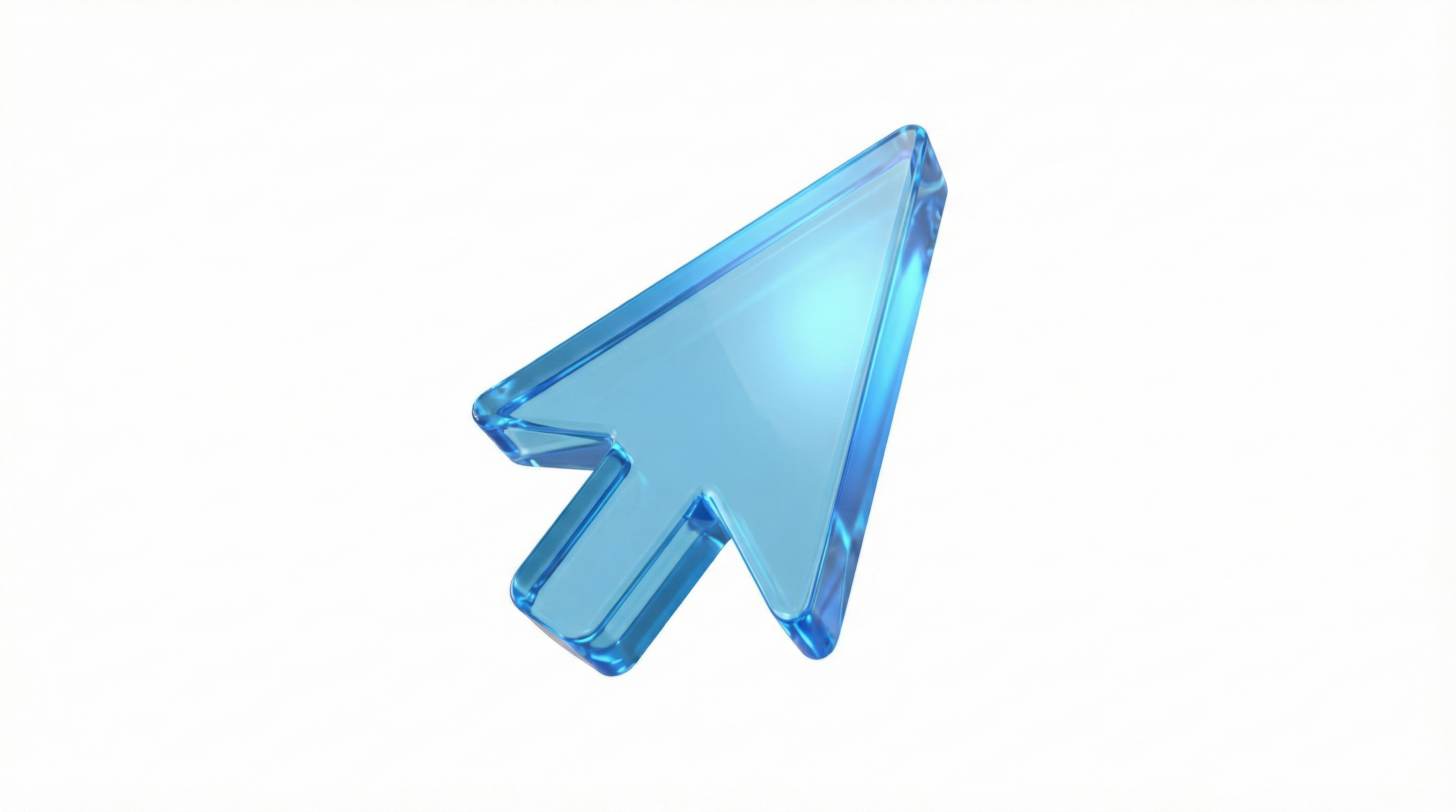 3D translucent blue computer mouse cursor arrow on a white background.