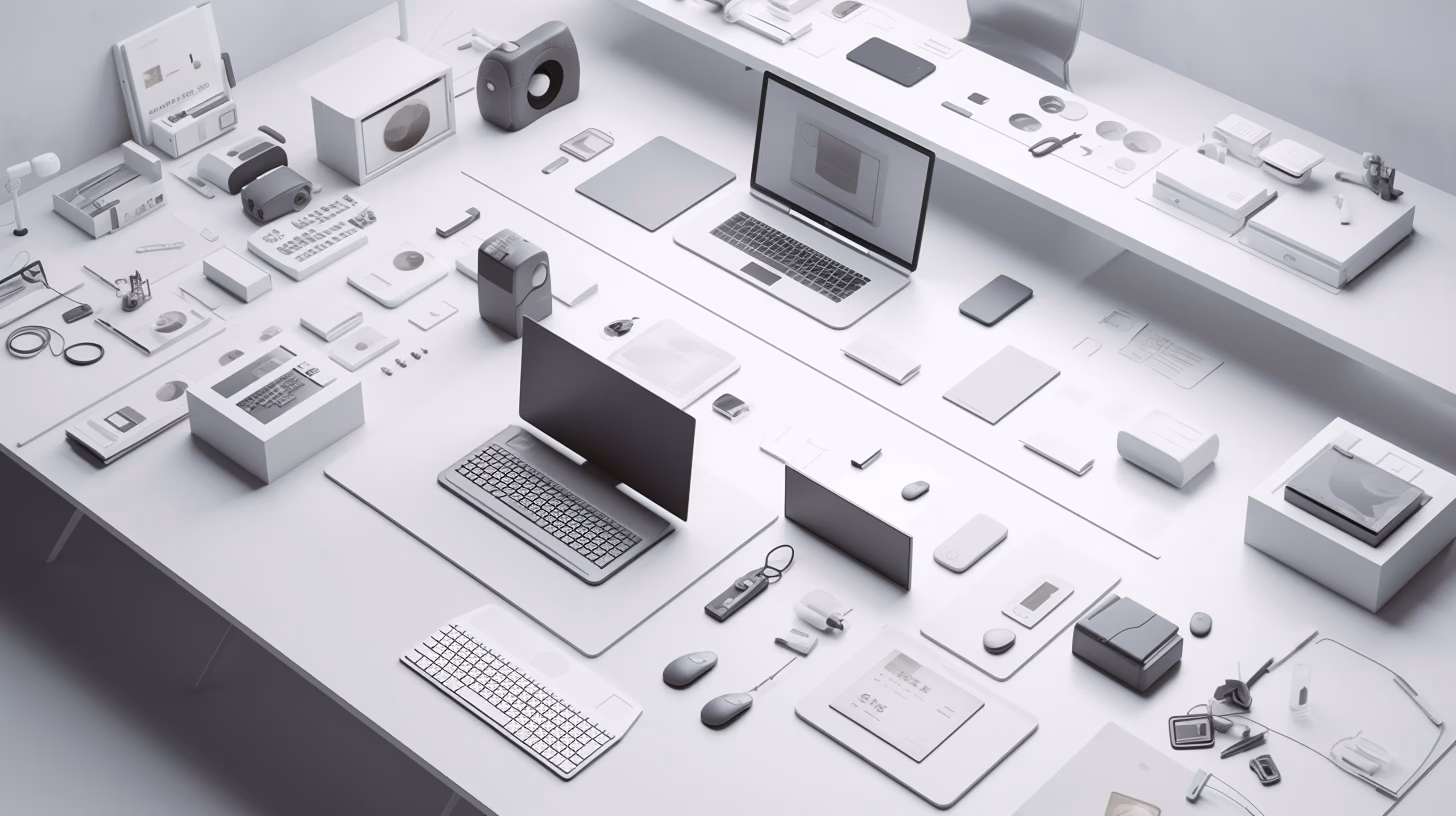 A collection of various tech gadgets and accessories arranged neatly on white tables.
