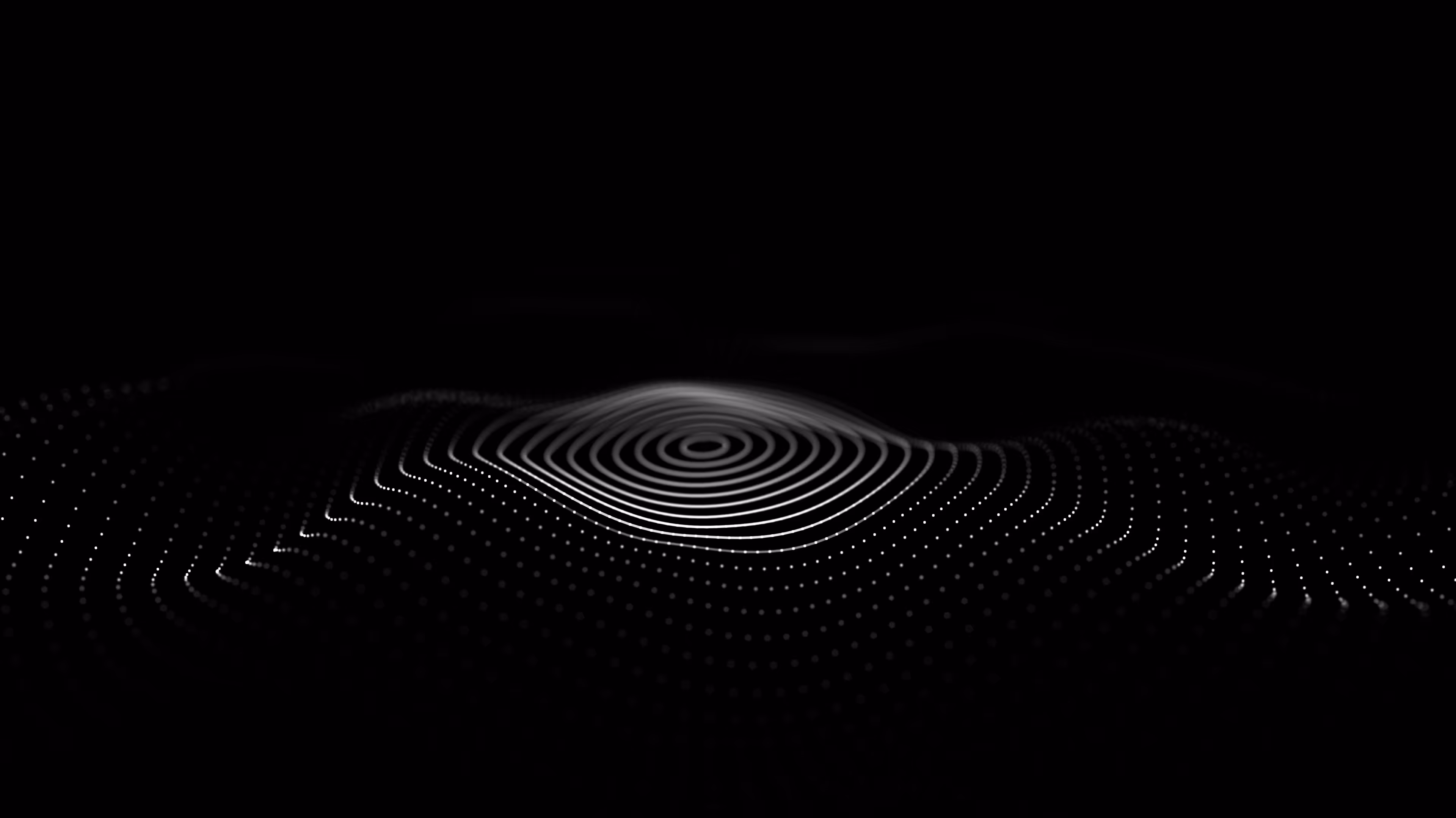 3D digital wave pattern with concentric circles and glowing white dots on a black background.
