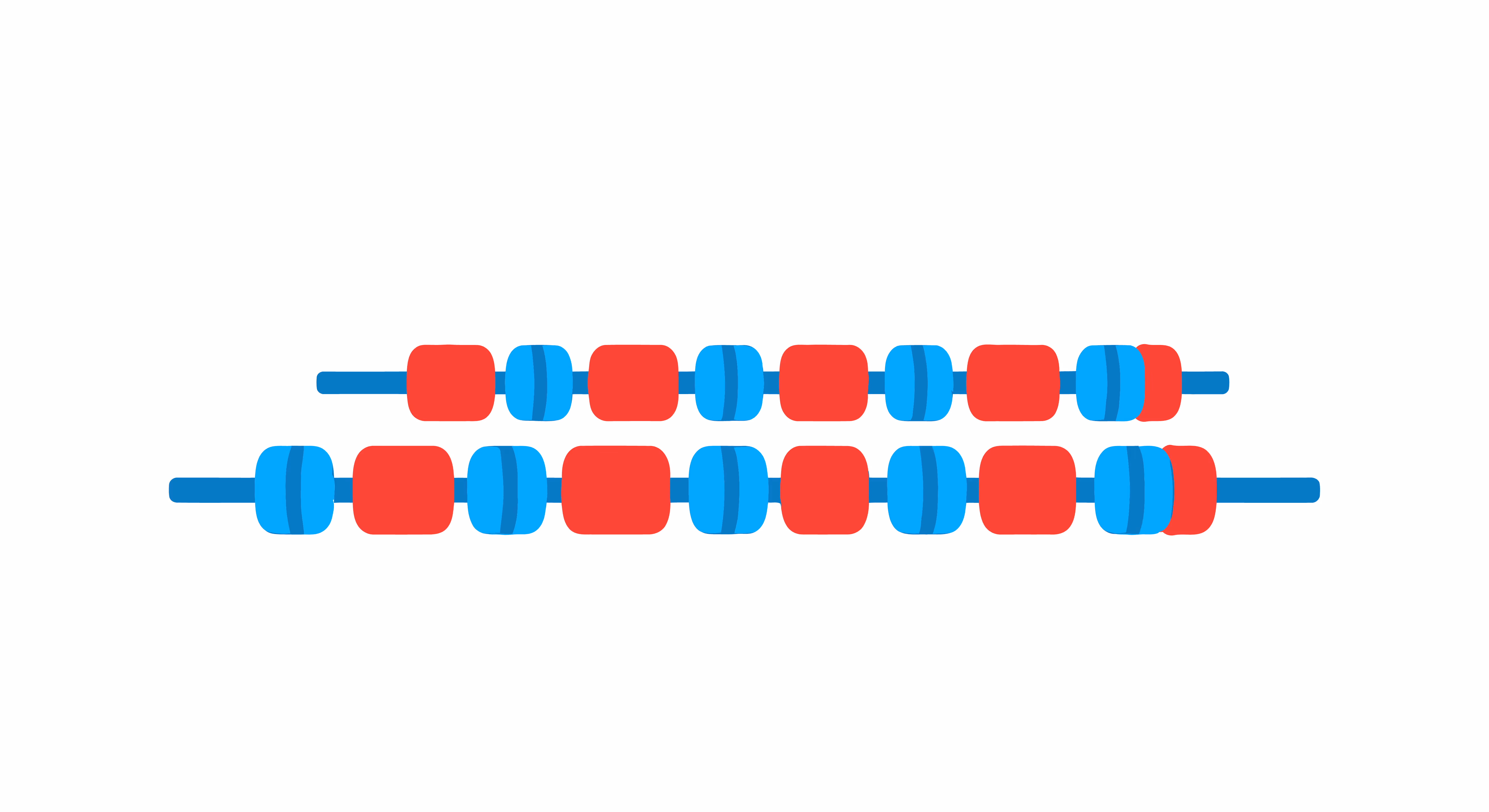 Two horizontal blue rods with alternating red and blue beads on a white background.