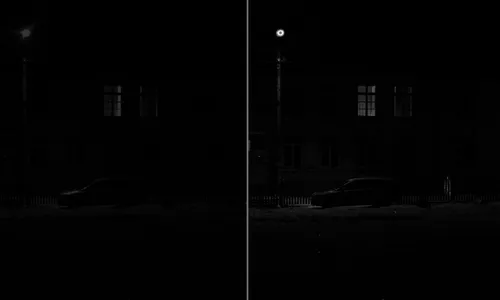 Side-by-side night images of a dark street with a car and house; right side illuminated by night vision light.