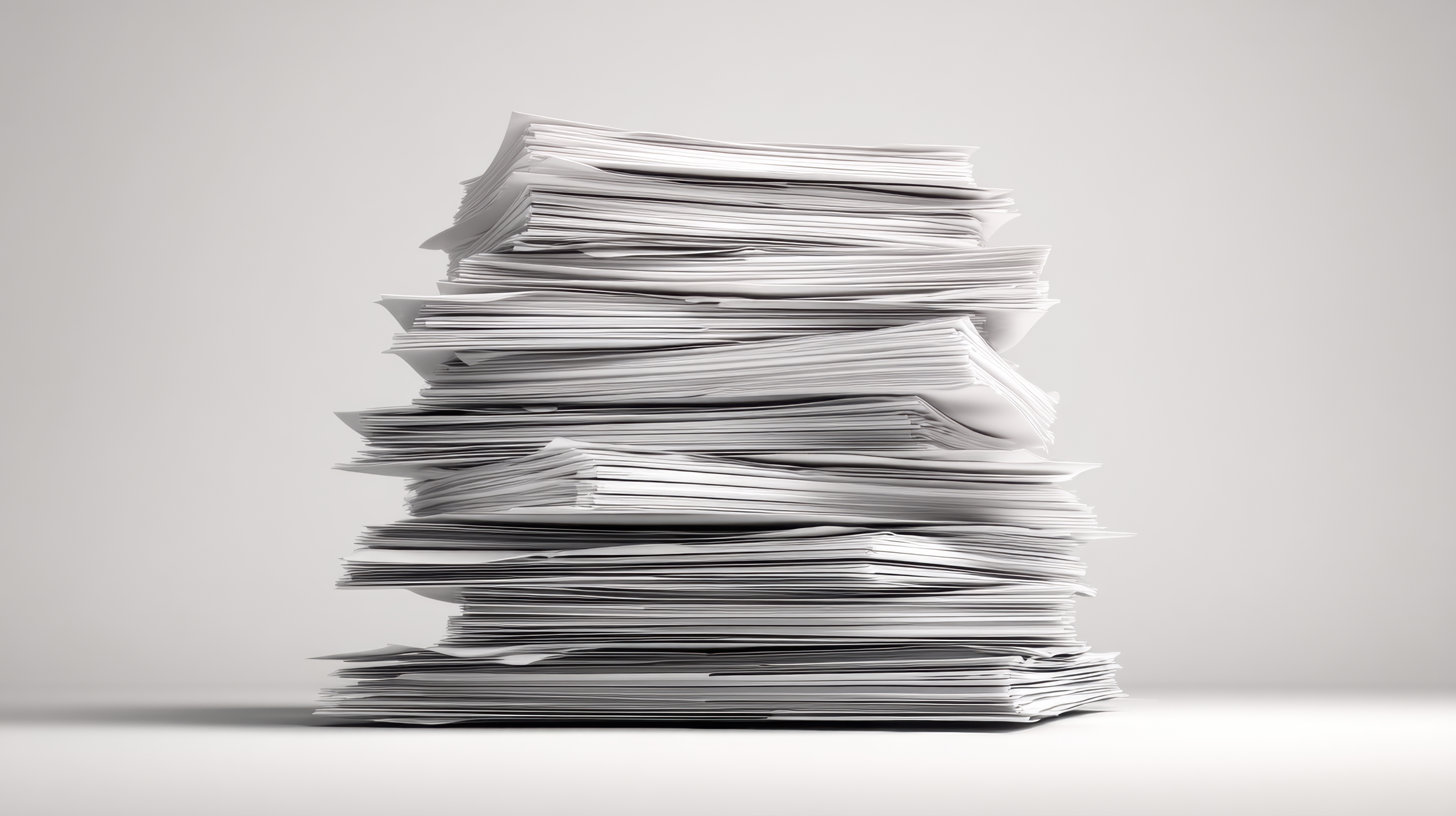 Large stack of disorganized white papers on a plain white surface and background.