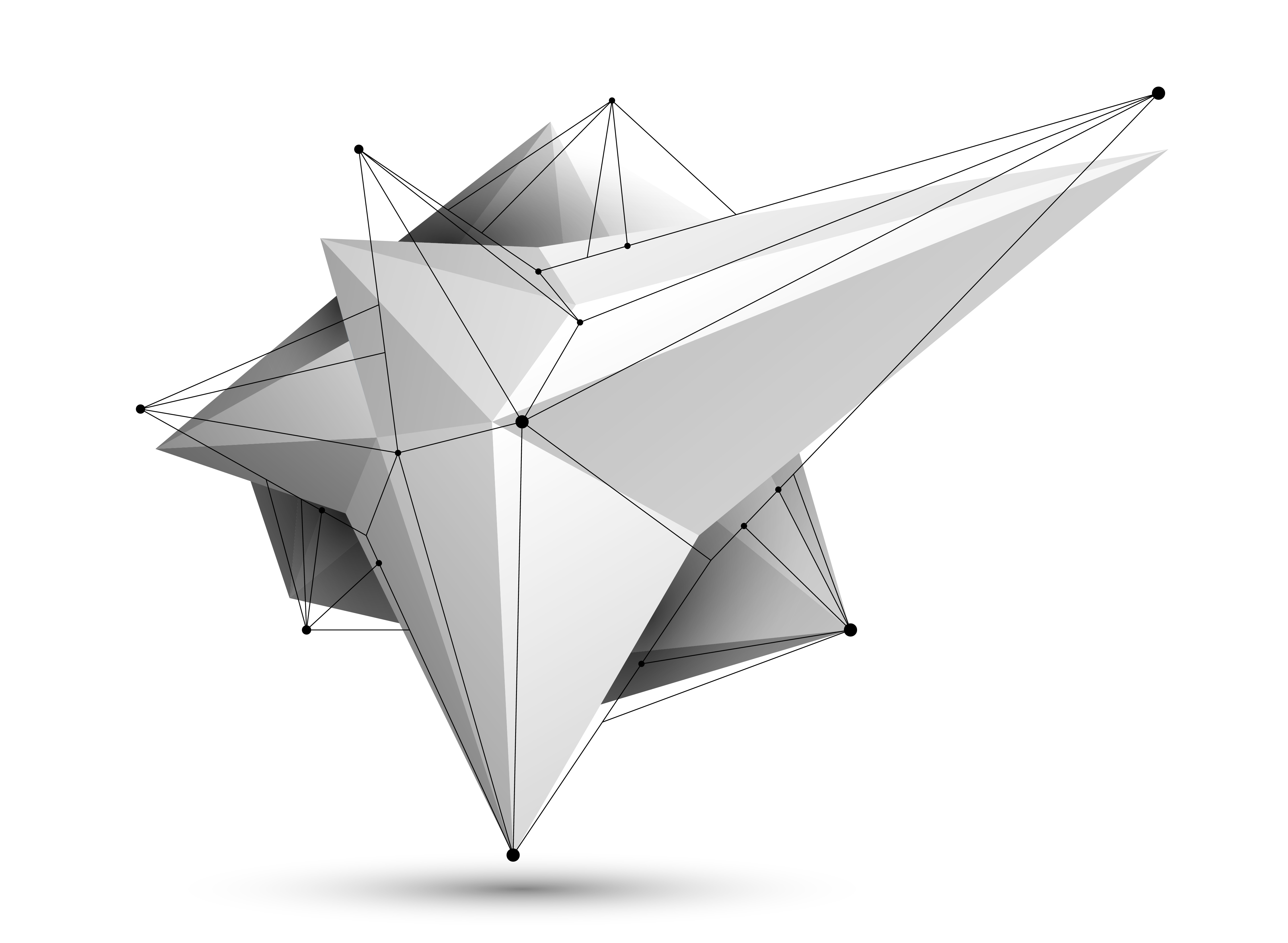 Abstract 3D geometric shape with connected points and triangular facets in grayscale.