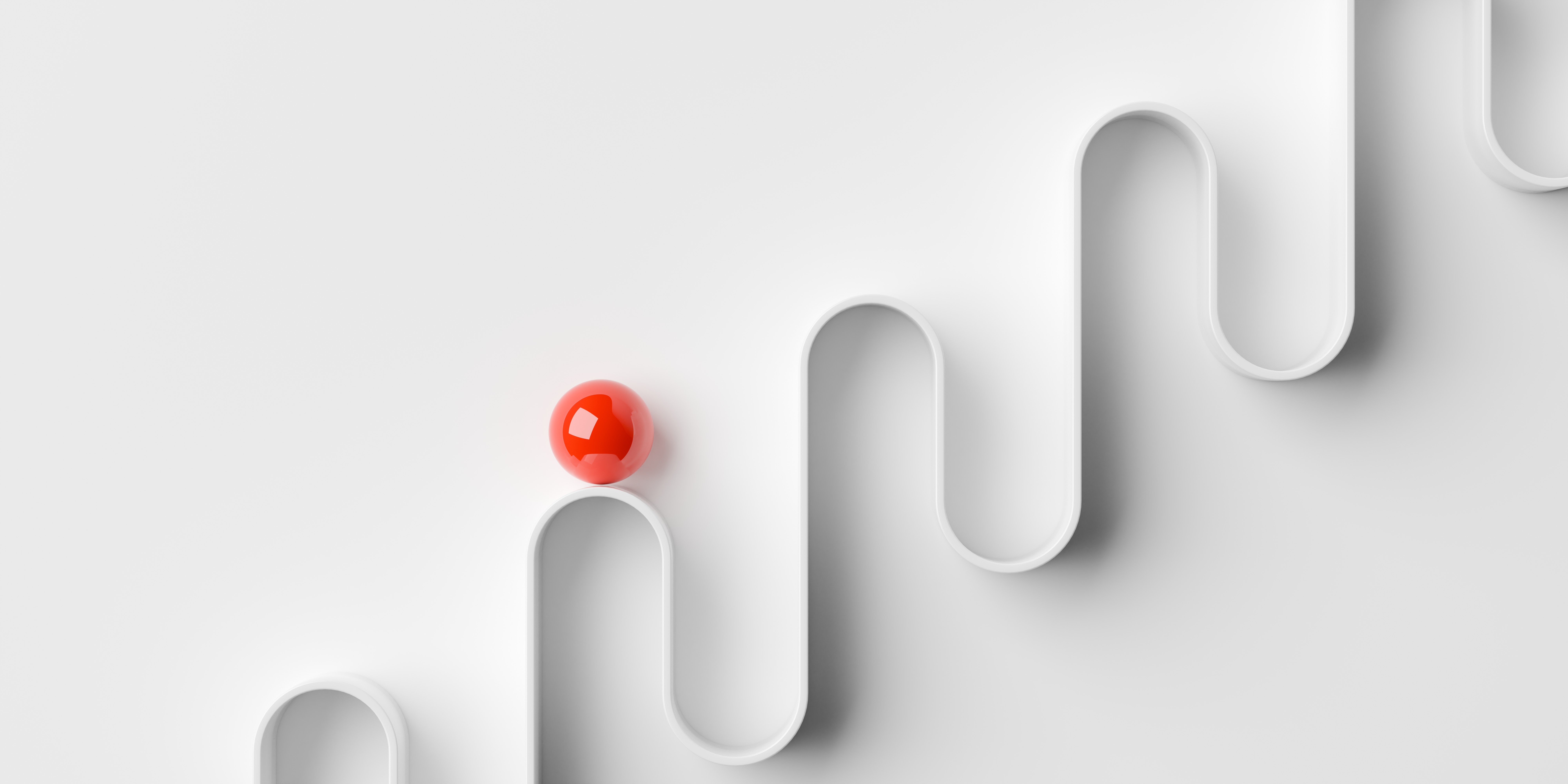 Red ball on a white zigzag track symbolizing a challenge or obstacle in a smooth path.