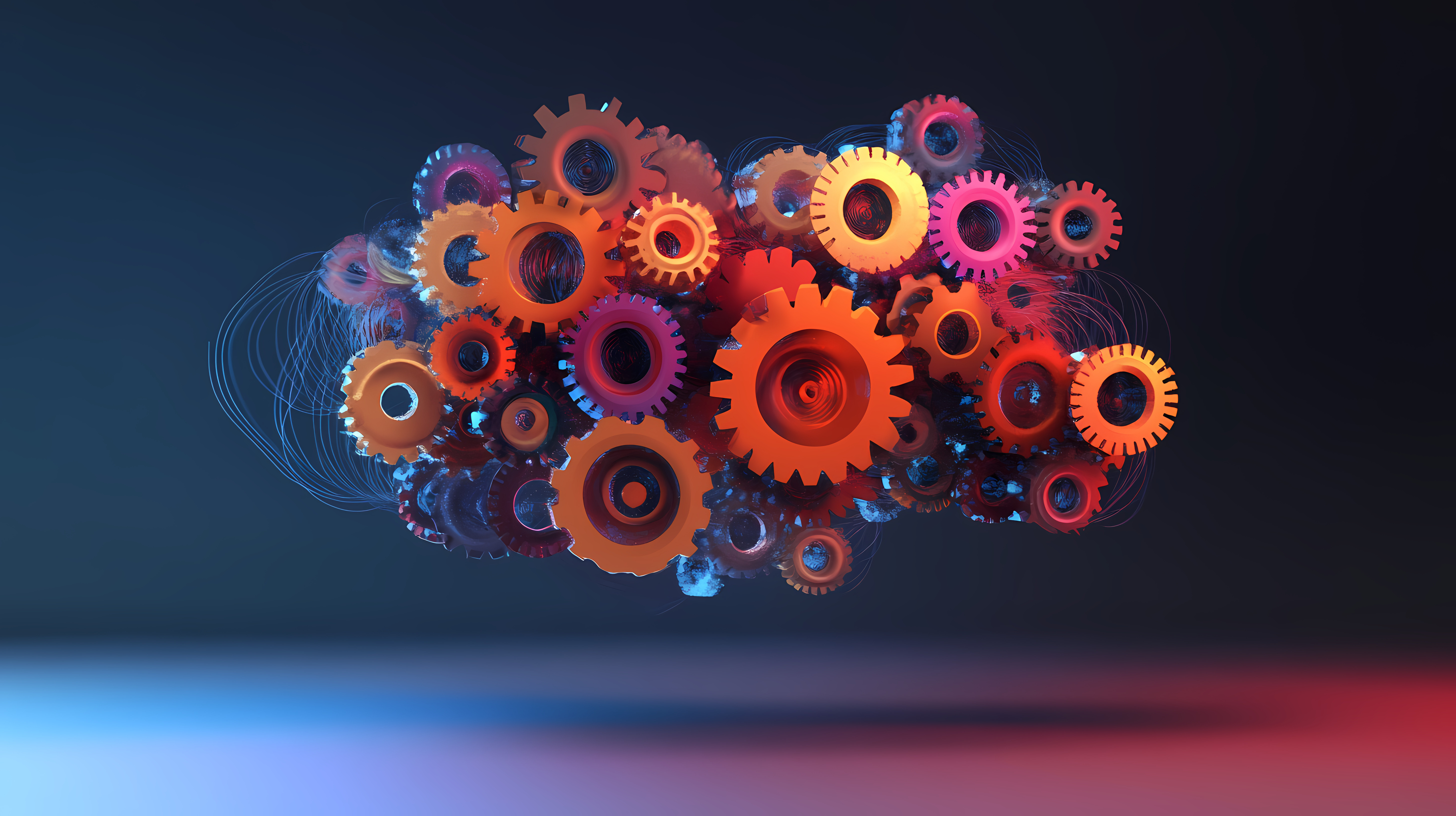 Cluster of glowing orange and red interlocking gears floating against a dark background.