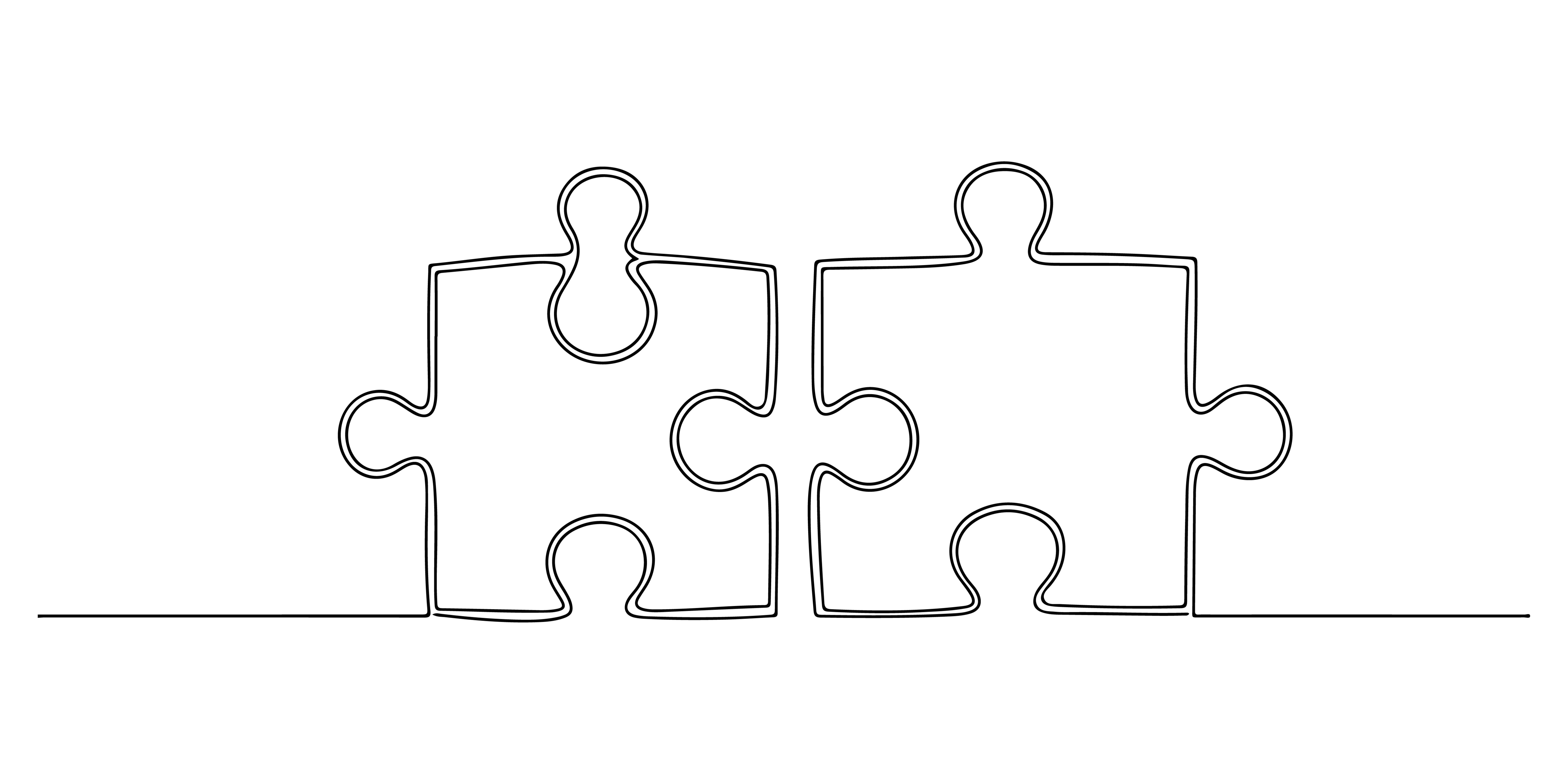 Continuous line drawing of two interlocking jigsaw puzzle pieces side by side on white background.