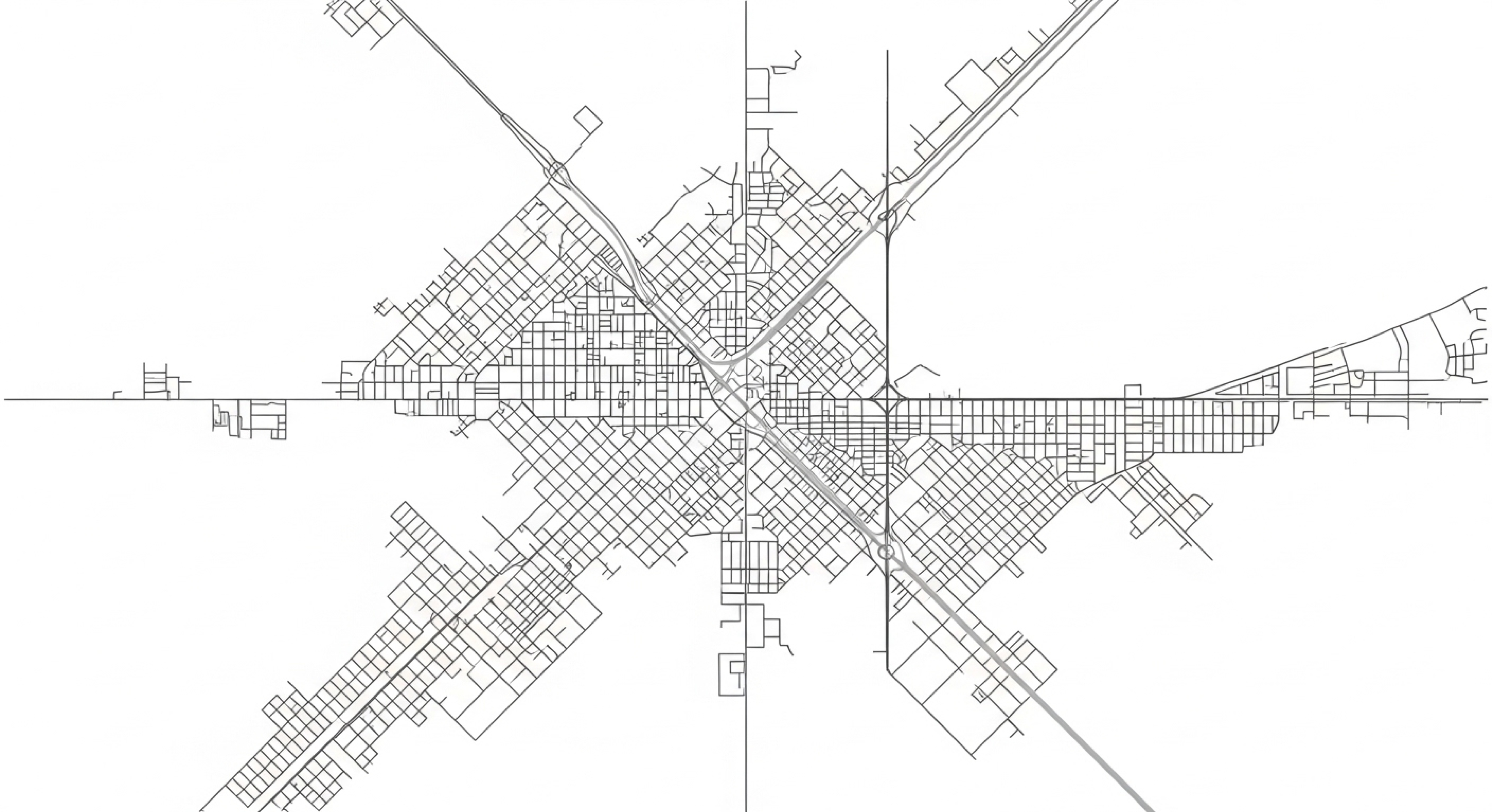 Black and white schematic map showing a grid layout with intersecting roads and highways.