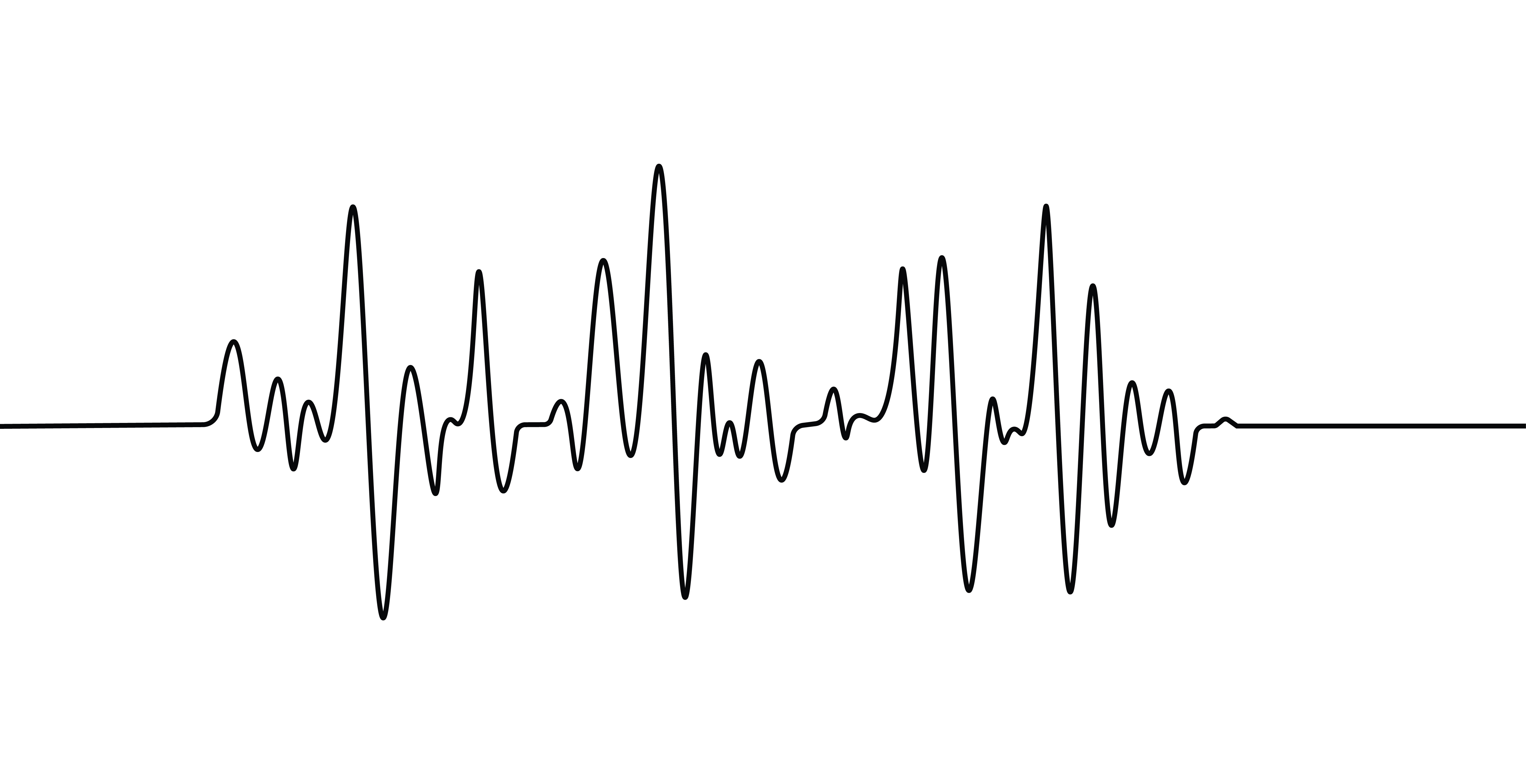 Black audio waveform line on a white background representing sound waves.