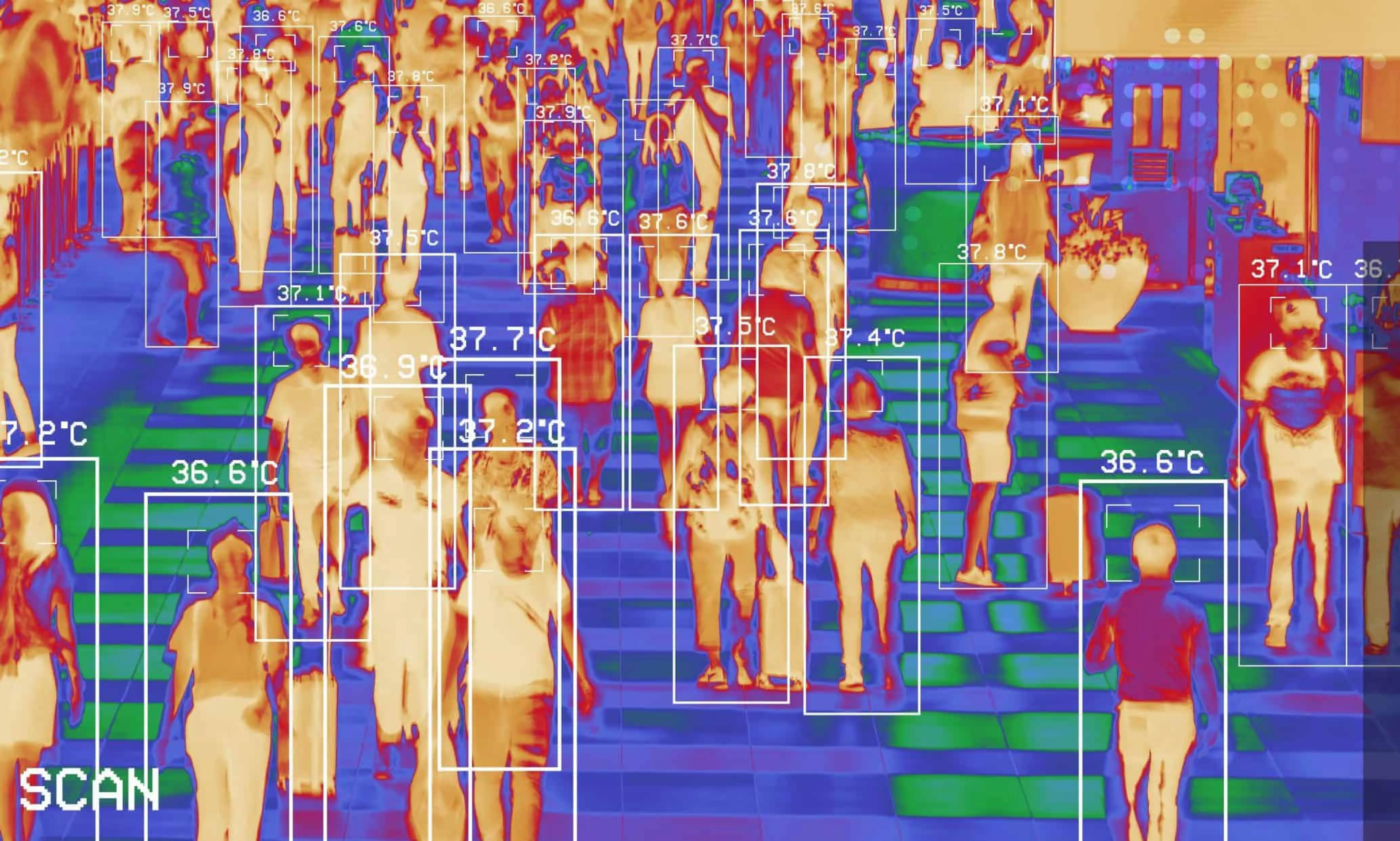 Thermal scan shows body temperatures of people walking on a tiled outdoor area with highlighted temperature readings.