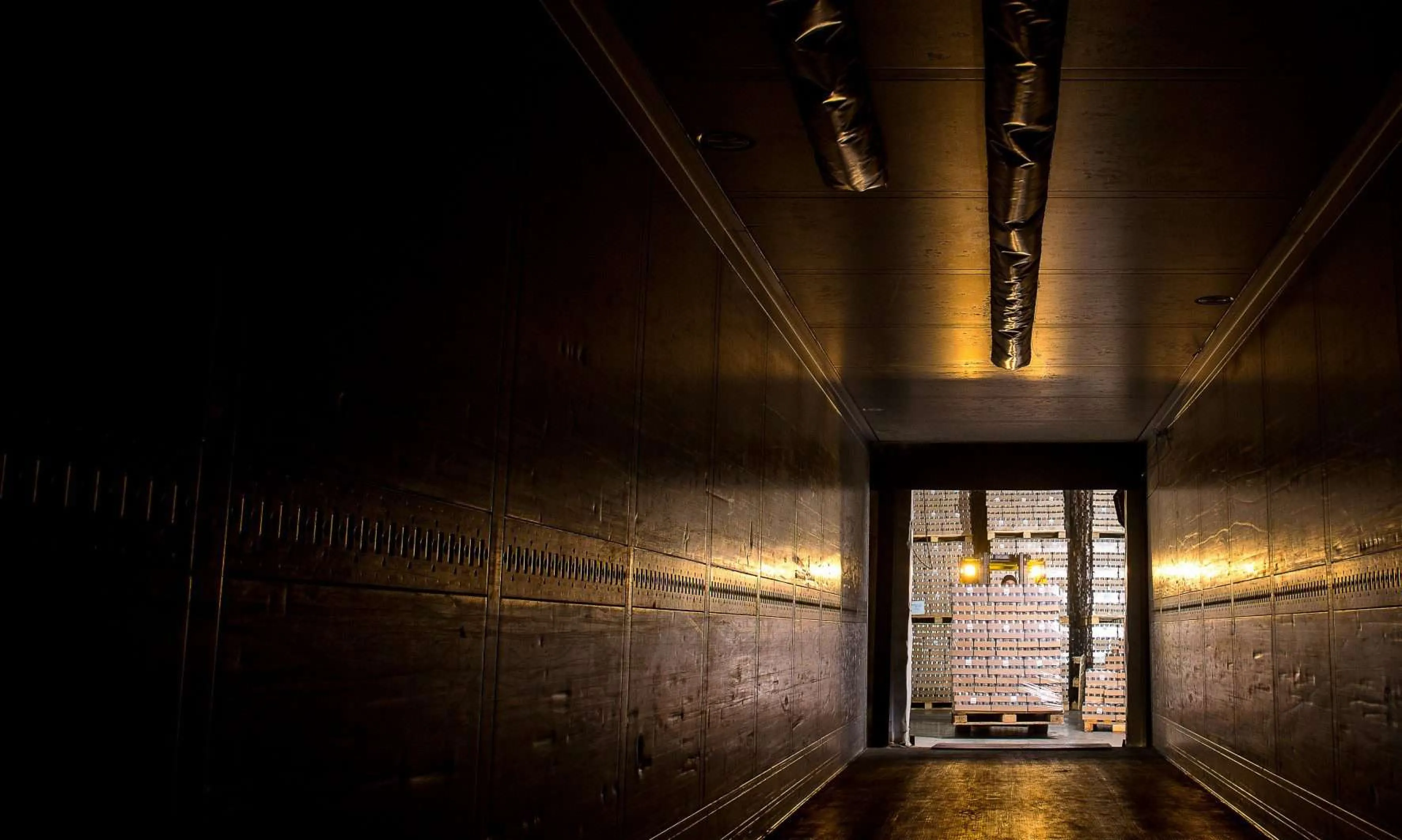 Inside a dark cargo trailer looking out to a forklift moving pallet stacks in a warehouse.