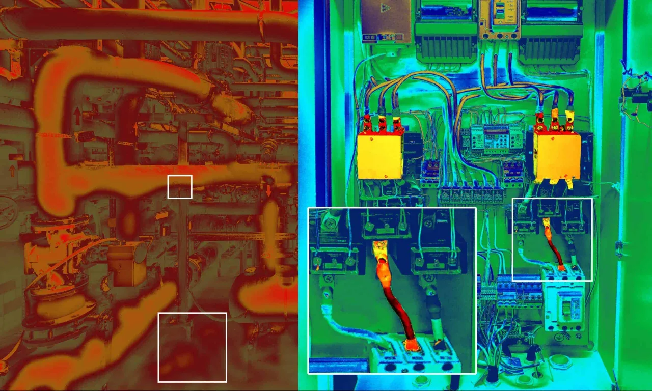 Thermal image showing industrial pipes on left and electrical wiring panel on right with close-ups of connections.