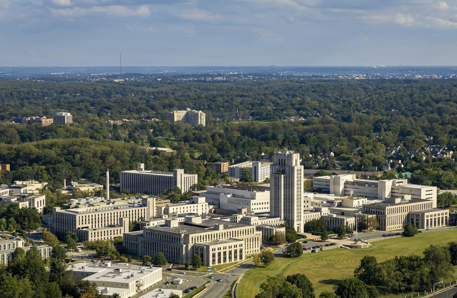 Aerial view of a modern university campus