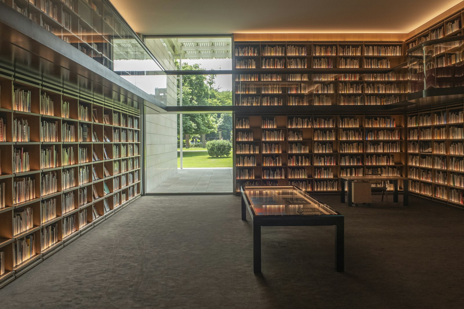 Modern law library with floor-to-ceiling bookshelves