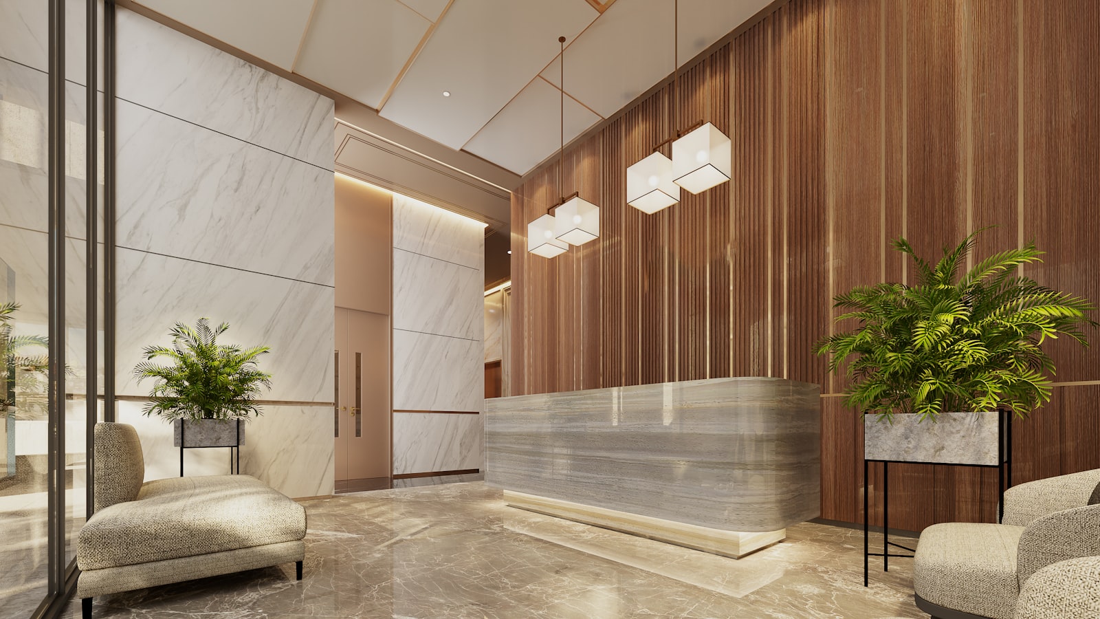 Modern commercial building lobby with a marble reception desk