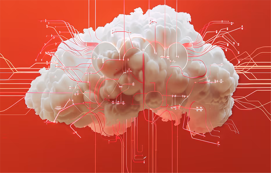 White cloud shape with red circuitry lines and nodes on a red background representing digital cloud tech.