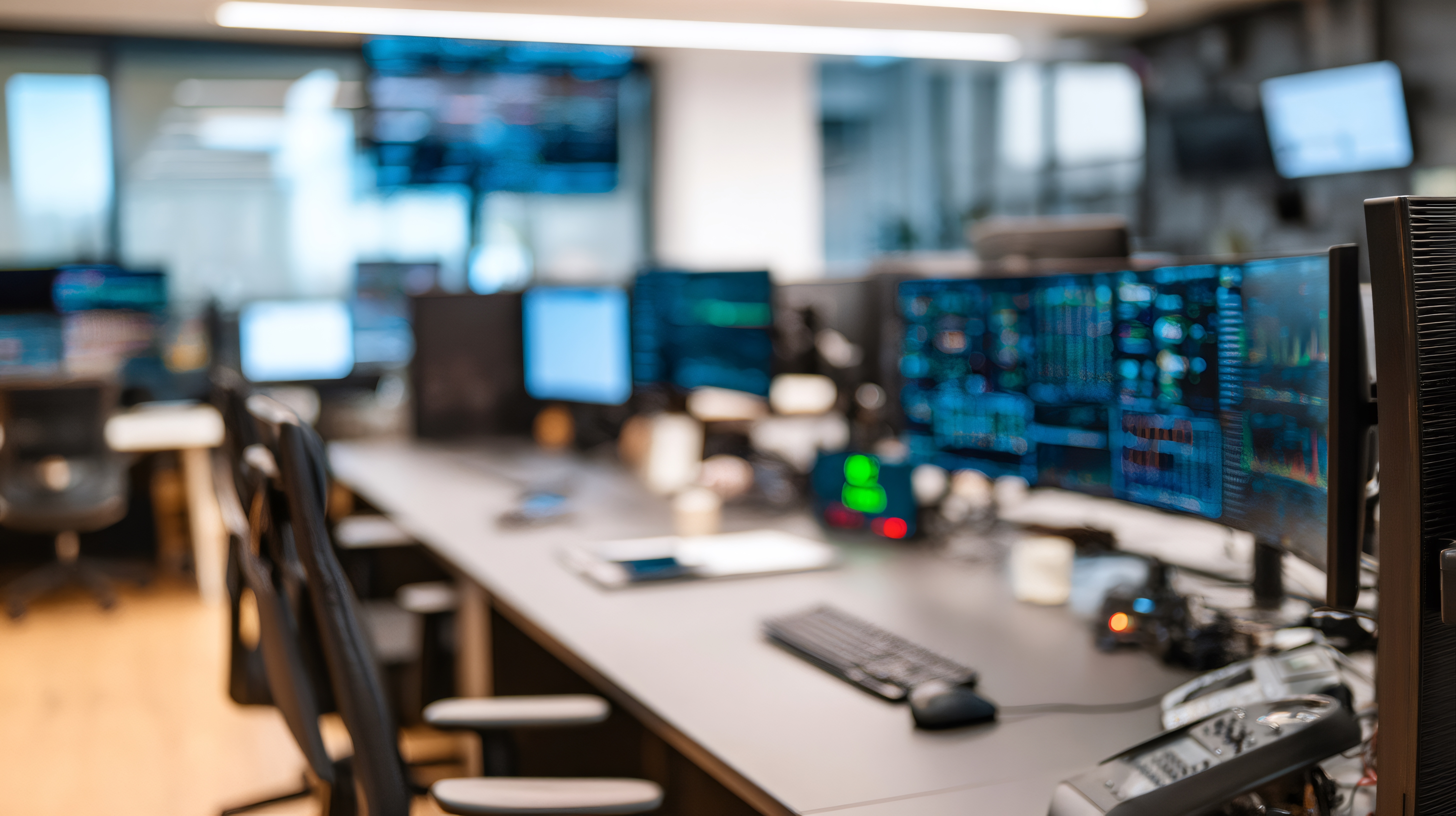Empty modern office with multiple computer screens showing graphs and data on desks.