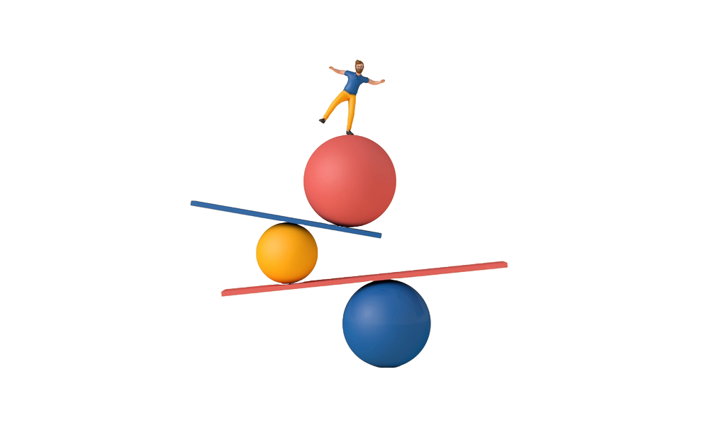 Figurine balancing on a red sphere atop yellow and blue spheres with blue and red seesaws.